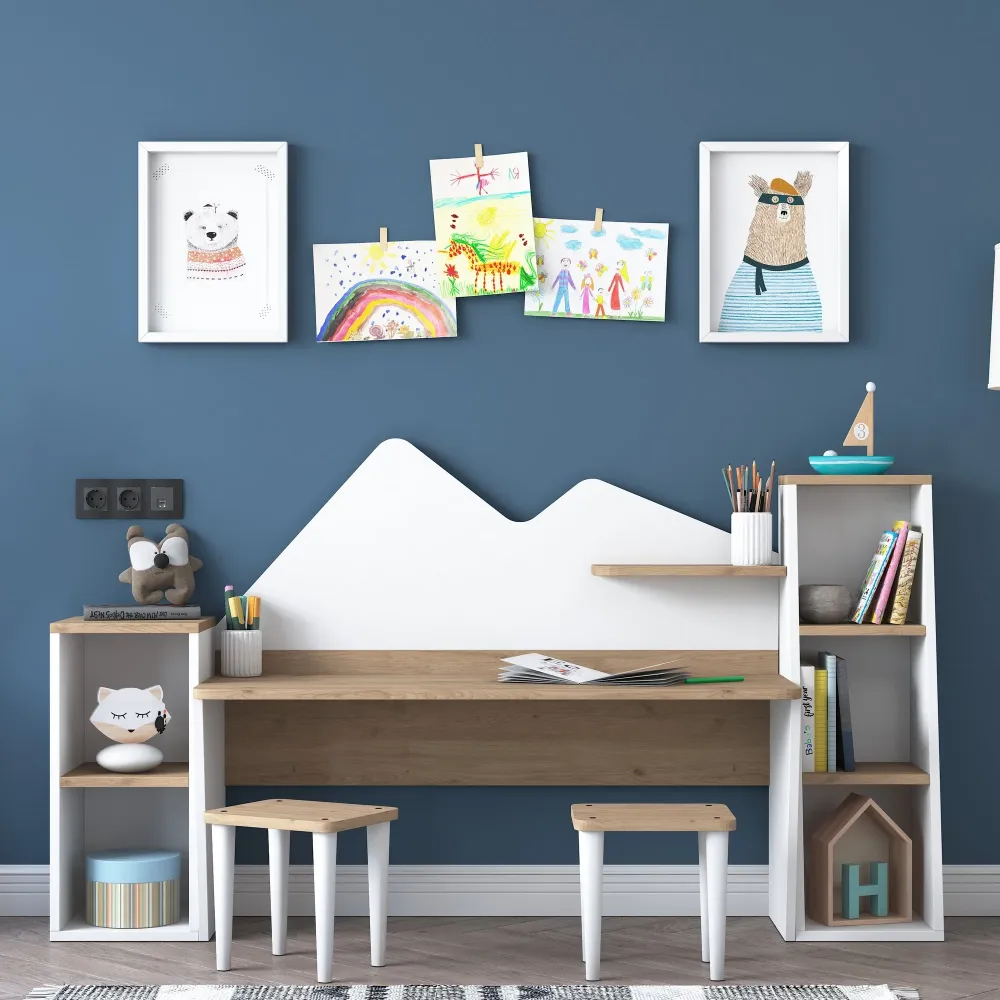 Scrivania design per bambini legno con 2 librerie e sgabello incluso cm 180x45x94h