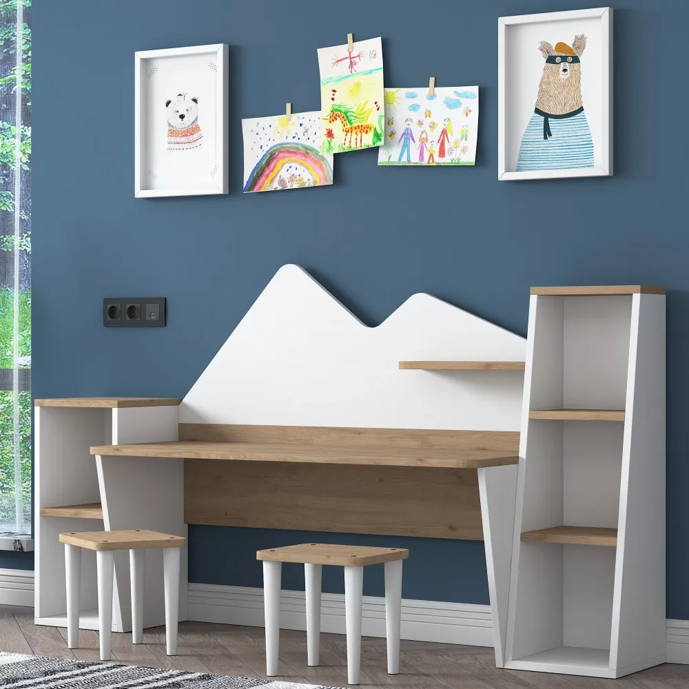 Scrivania design per bambini legno con 2 librerie e sgabello incluso cm 180x45x94h