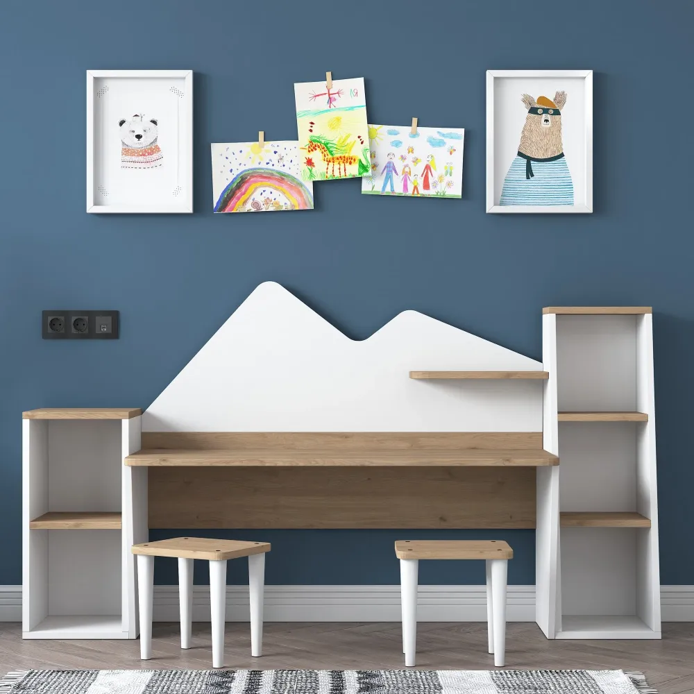 Scrivania design per bambini legno con 2 librerie e sgabello incluso cm 180x45x94h