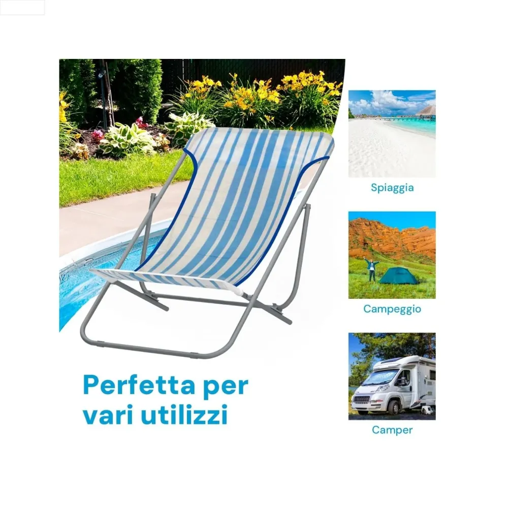 Sdraio Beach Pieghevole da Esterno Acciaio e Textilene Bianco Blu