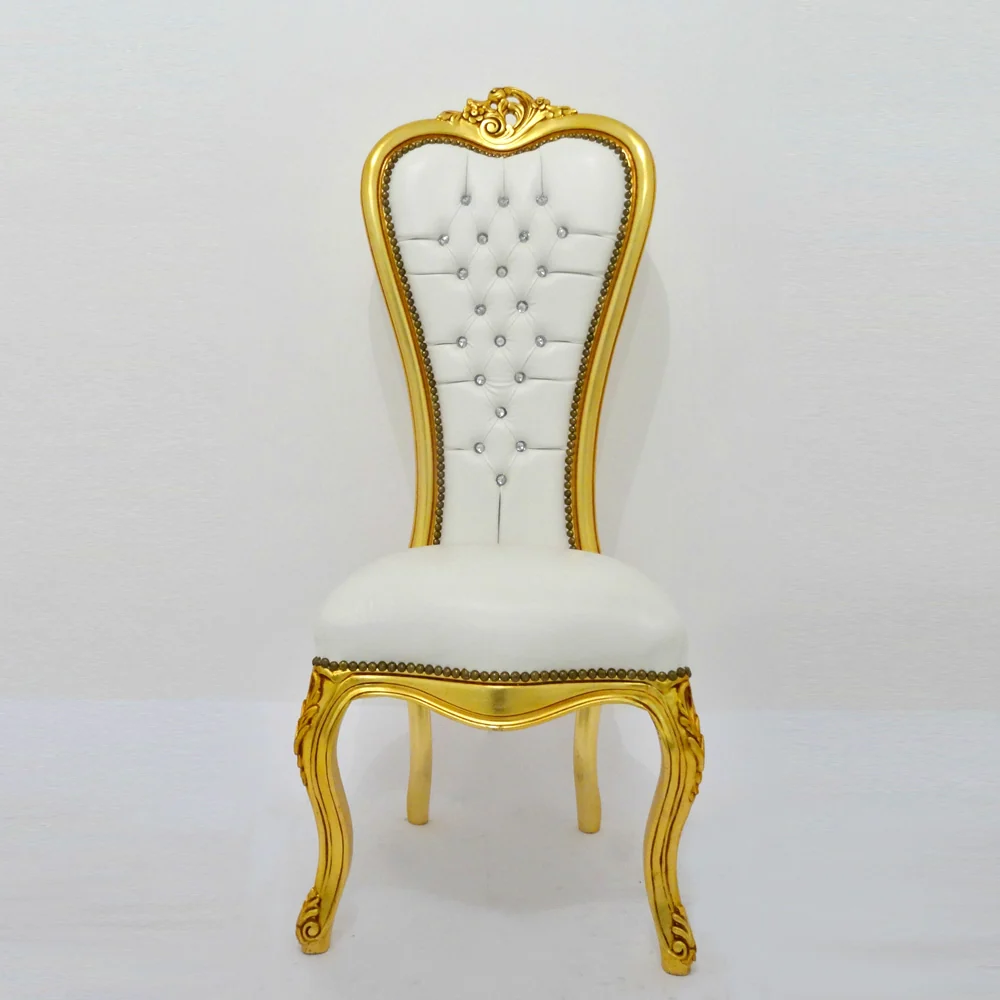 Sedia barocco schienale alto legno colore oro ed ecopelle bianco con strass