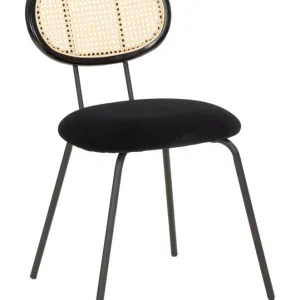 Sedia design schienale tondo paglia di Vienna metallo e velluto nero cm 43x54x80h