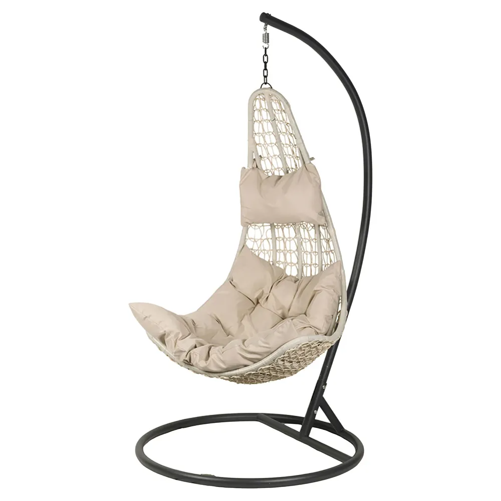 Sedia Dondolo Amaca Uovo con Cuscino PE Effetto Rattan Ecru