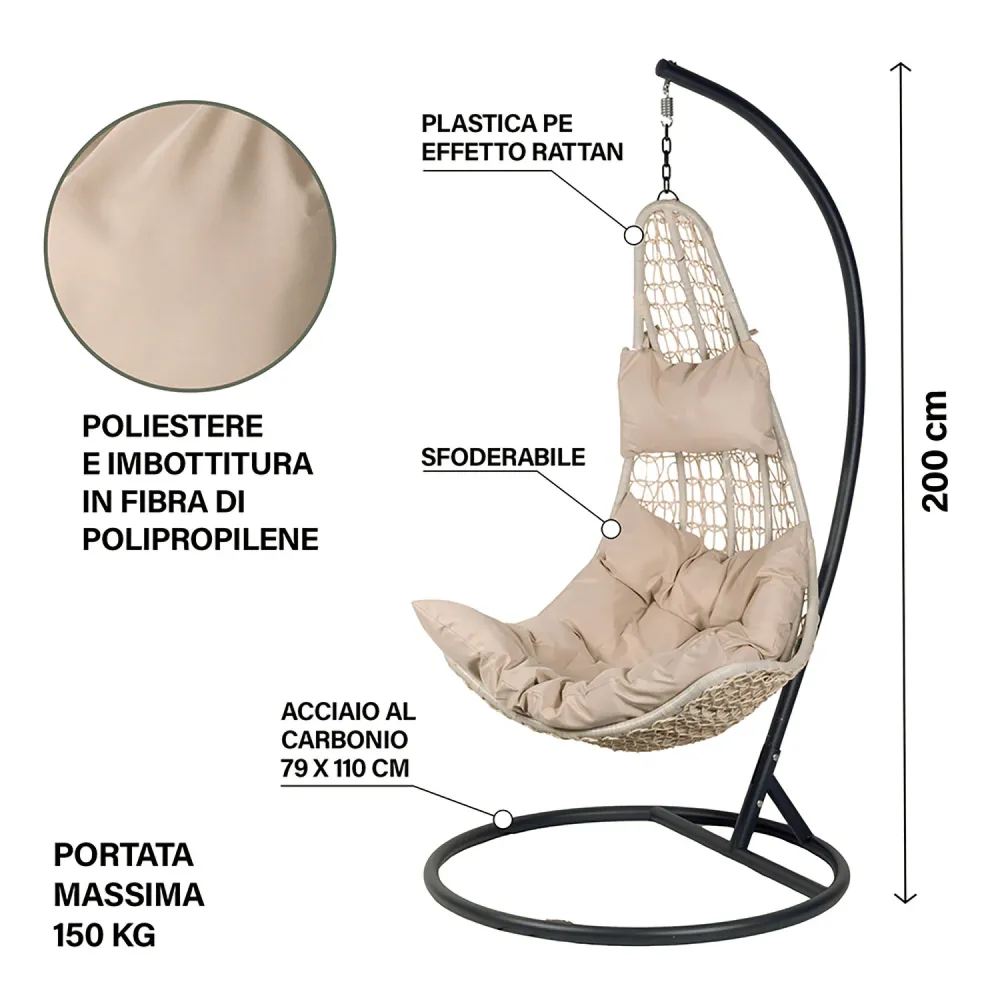Sedia Dondolo Amaca Uovo con Cuscino PE Effetto Rattan Ecru