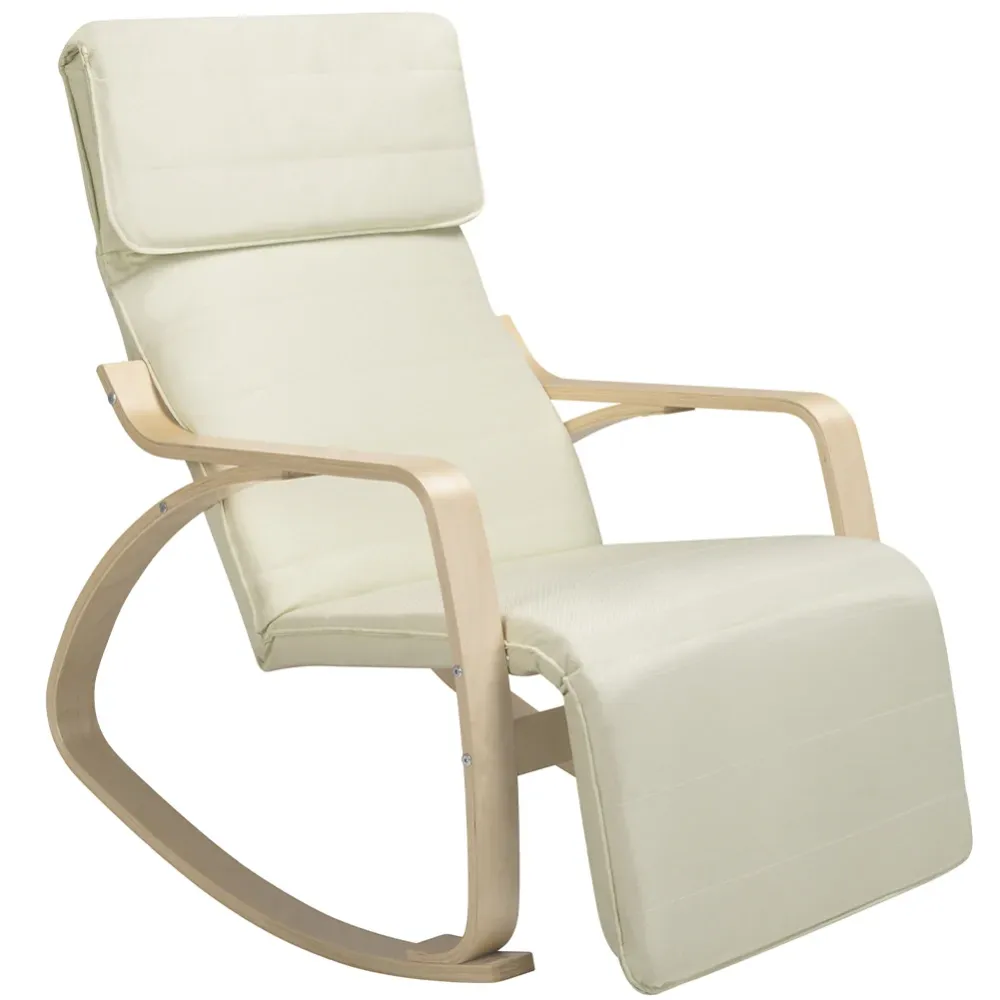 Sedia Dondolo Poltrona Relax Cotone Beige Schienale e Poggiapiedi Regolabile