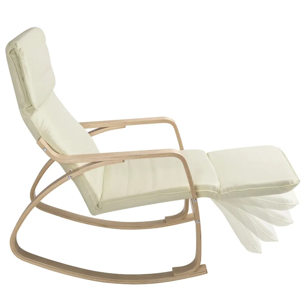 Sedia Dondolo Poltrona Relax Cotone Beige Schienale e Poggiapiedi Regolabile