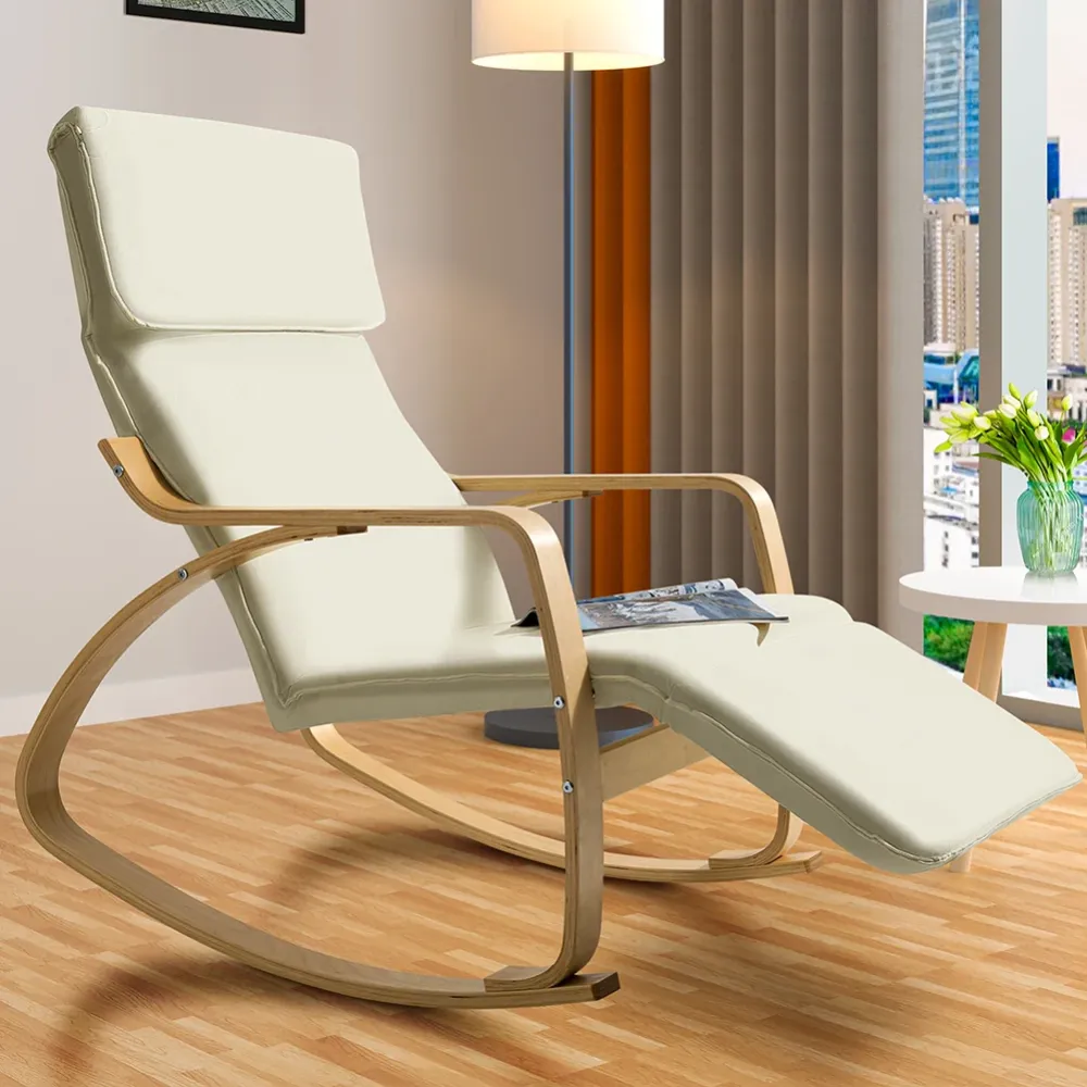 Sedia Dondolo Poltrona Relax Cotone Beige Schienale e Poggiapiedi Regolabile