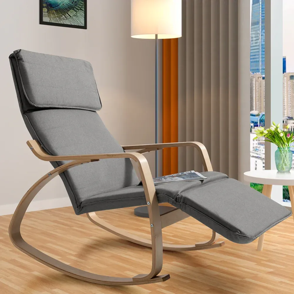 Sedia Dondolo Poltrona Relax Schienale e Poggiapiedi Regolabile Cotone Grigio