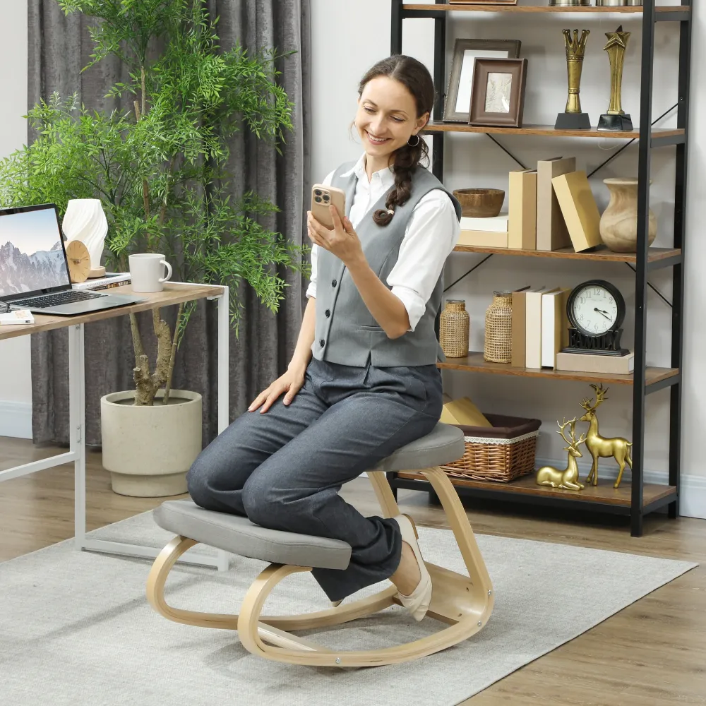 Sedia Ergonomica con Inginocchiatoio 50x73x55 cm Movimento Dondolo Legno di Betulla Grigio