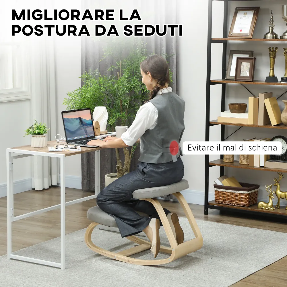 Sedia Ergonomica con Inginocchiatoio 50x73x55 cm Movimento Dondolo Legno di Betulla Grigio