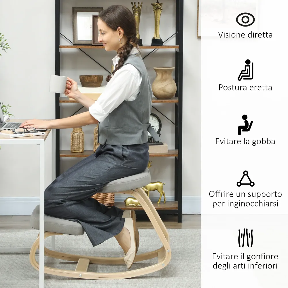 Sedia Ergonomica con Inginocchiatoio 50x73x55 cm Movimento Dondolo Legno di Betulla Grigio