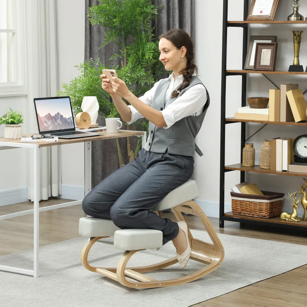 Sedia Ergonomica con Inginocchiatoio 51x69x58 cm Legno di Betulla e Cuscini Crema