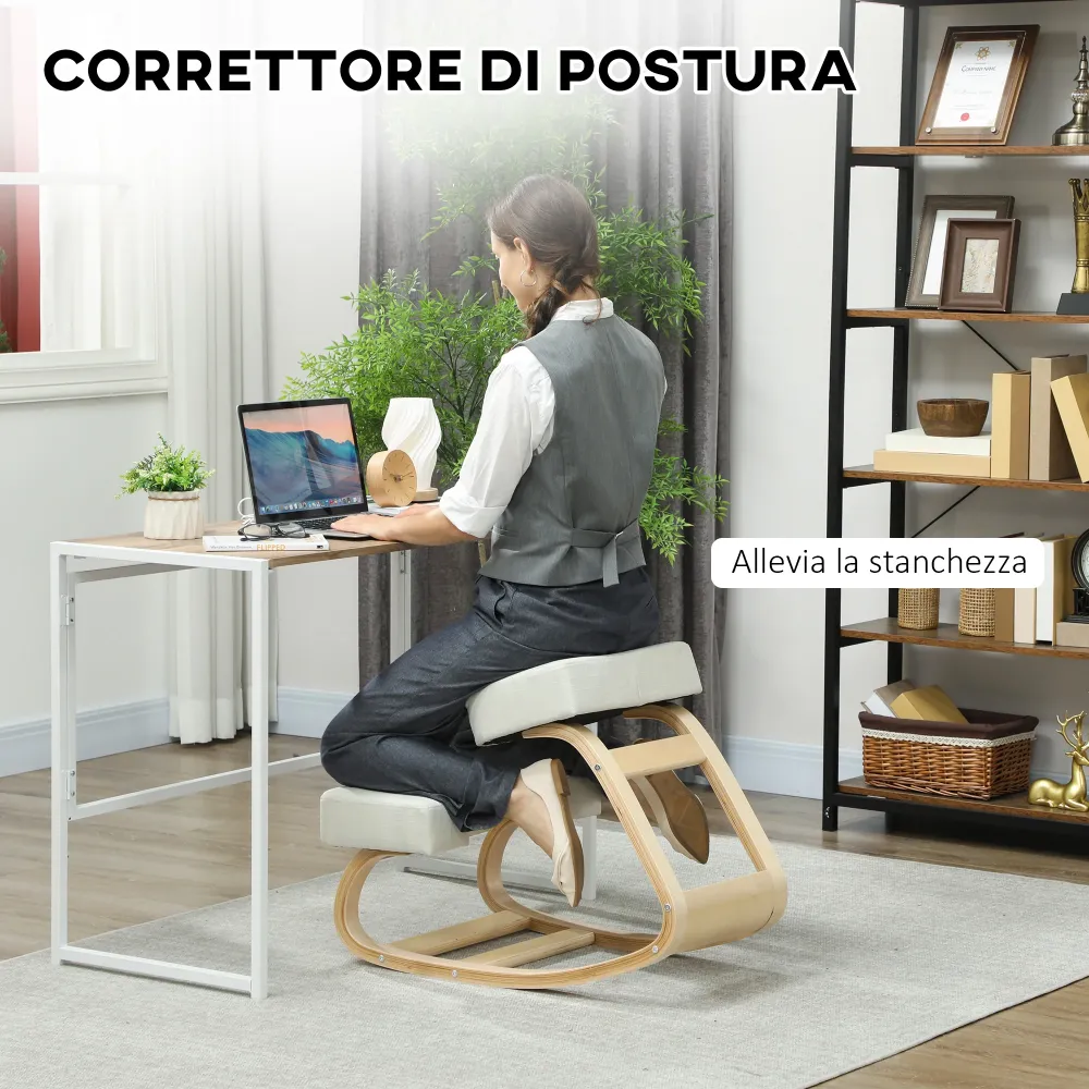 Sedia Ergonomica con Inginocchiatoio 51x69x58 cm Legno di Betulla e Cuscini Crema