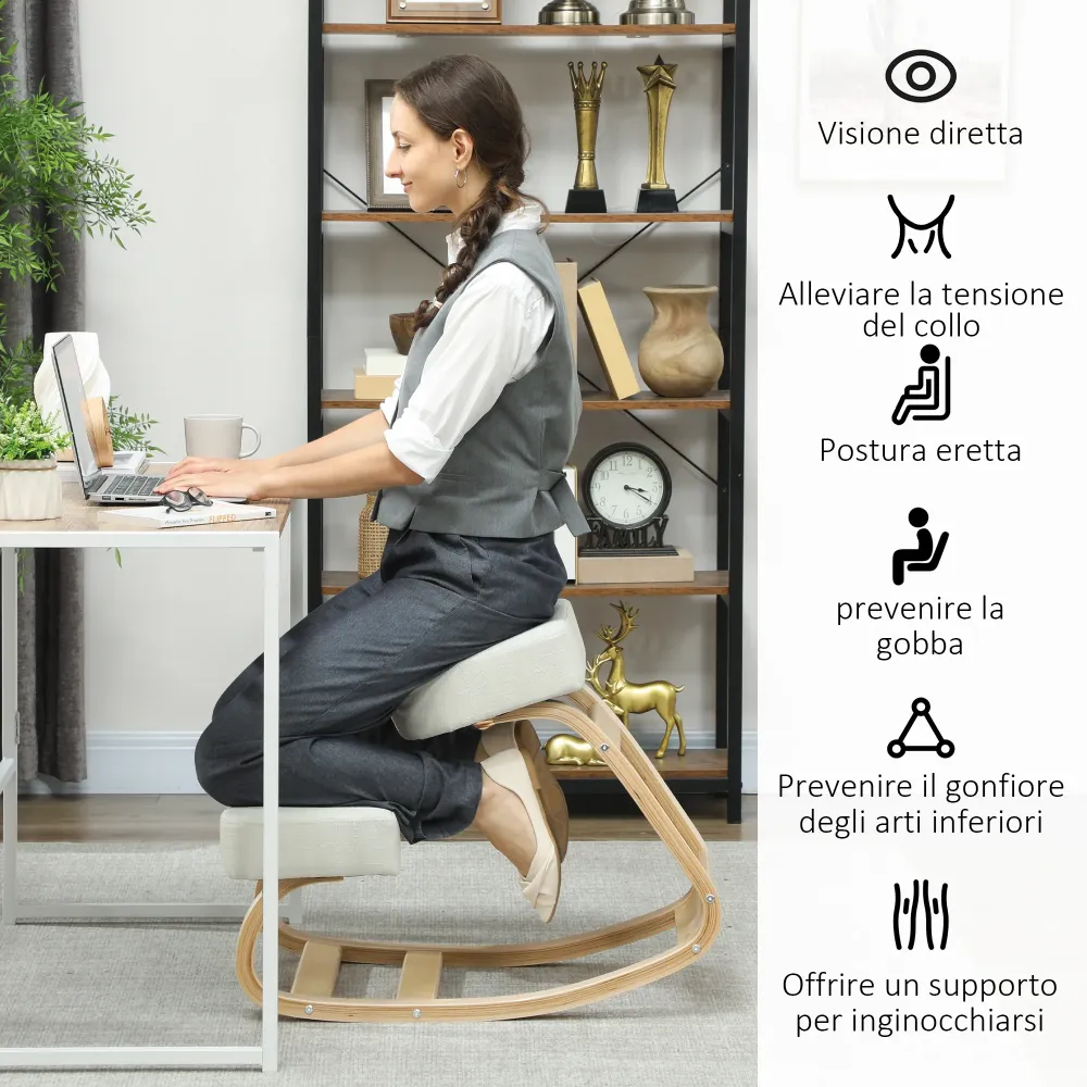 Sedia Ergonomica con Inginocchiatoio 51x69x58 cm Legno di Betulla e Cuscini Crema