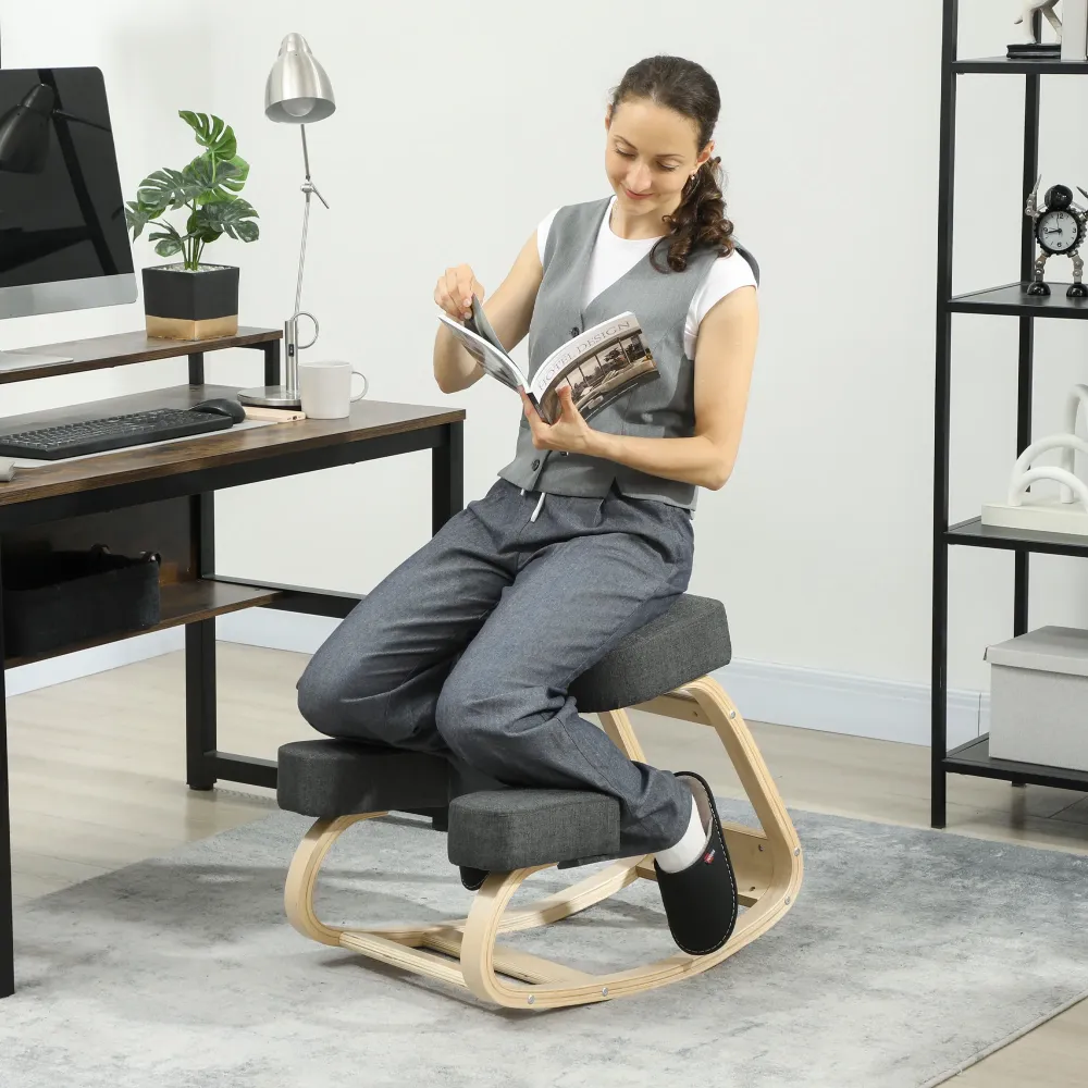 Sedia Ergonomica con Inginocchiatoio 51x69x58 cm Legno di Betulla e Cuscini Grigio