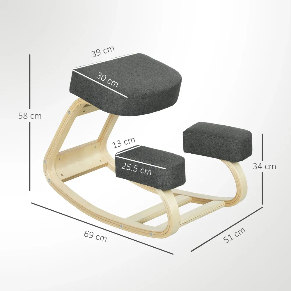 Sedia Ergonomica con Inginocchiatoio 51x69x58 cm Legno di Betulla e Cuscini Grigio