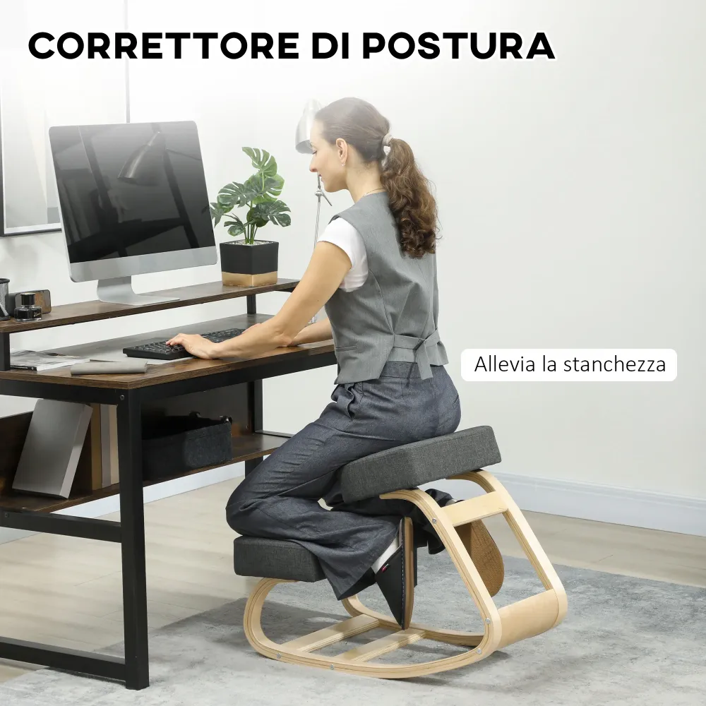 Sedia Ergonomica con Inginocchiatoio 51x69x58 cm Legno di Betulla e Cuscini Grigio