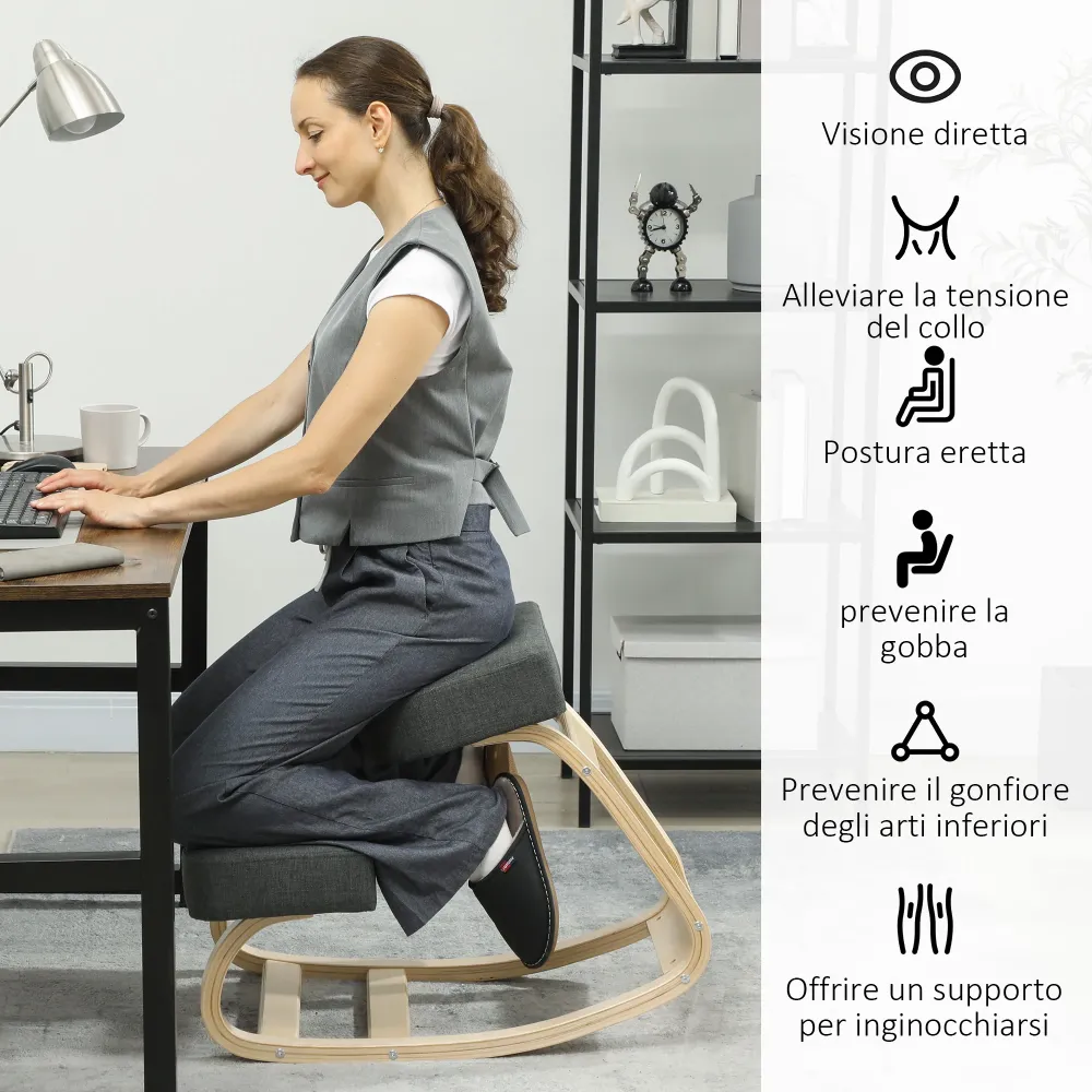 Sedia Ergonomica con Inginocchiatoio 51x69x58 cm Legno di Betulla e Cuscini Grigio