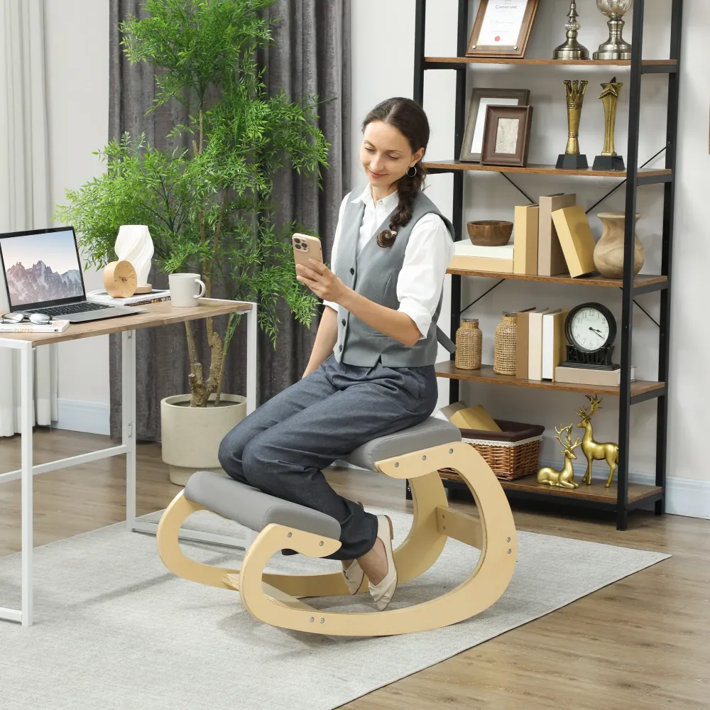 Sedia Ergonomica con Inginocchiatoio 55x85x55 cm Reclinabile Tessuto Effetto Lino e Legno Grigio Chiaro
