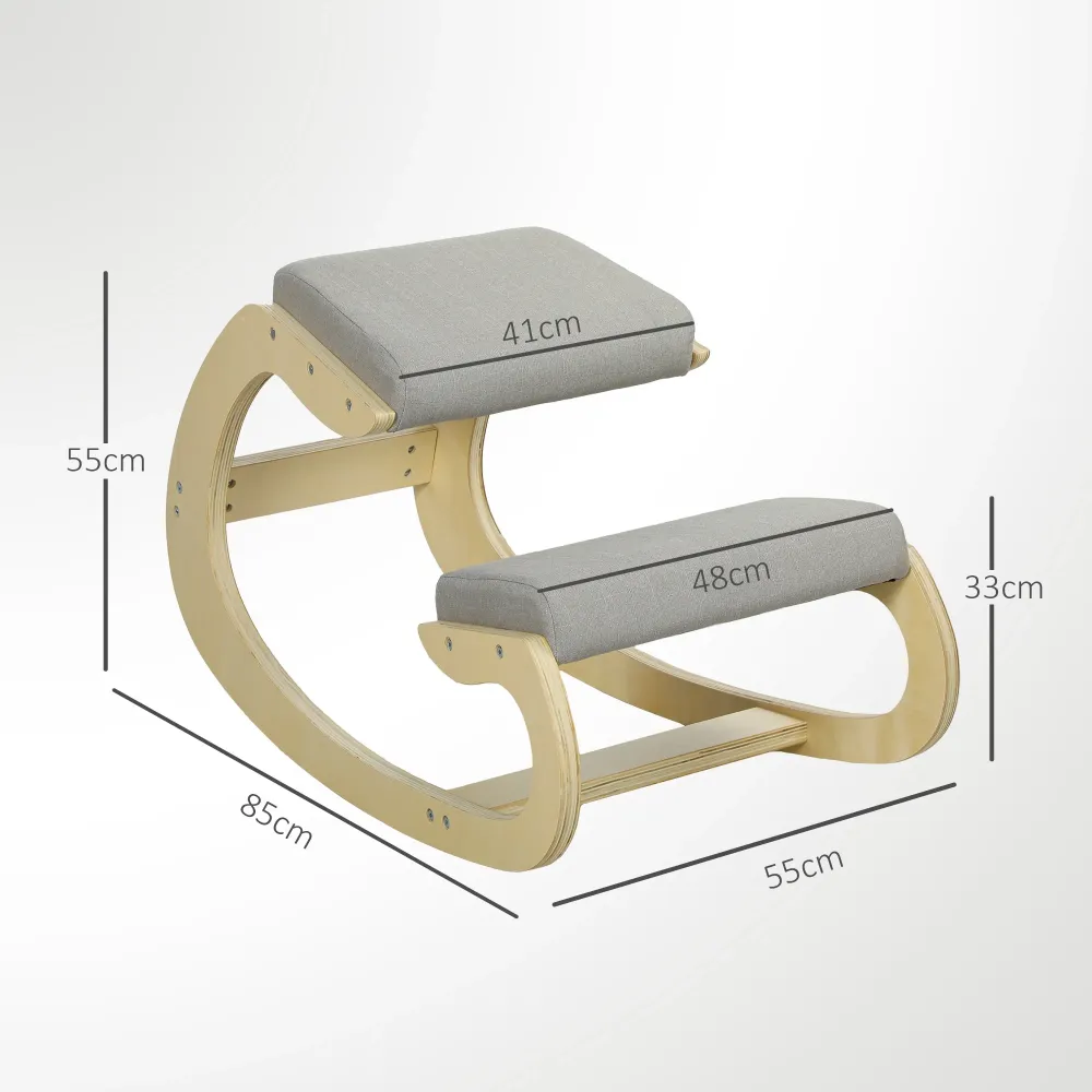 Sedia Ergonomica con Inginocchiatoio 55x85x55 cm Reclinabile Tessuto Effetto Lino e Legno Grigio Chiaro