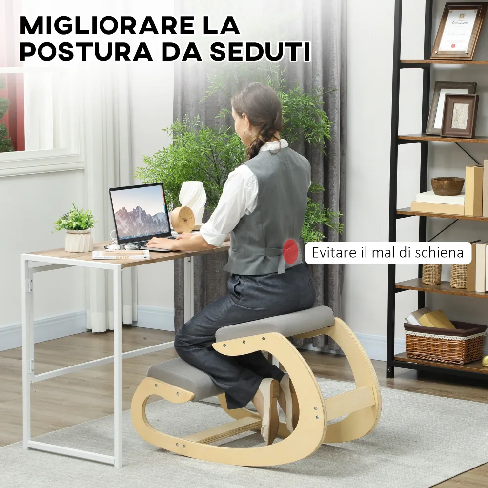 Sedia Ergonomica con Inginocchiatoio 55x85x55 cm Reclinabile Tessuto Effetto Lino e Legno Grigio Chiaro