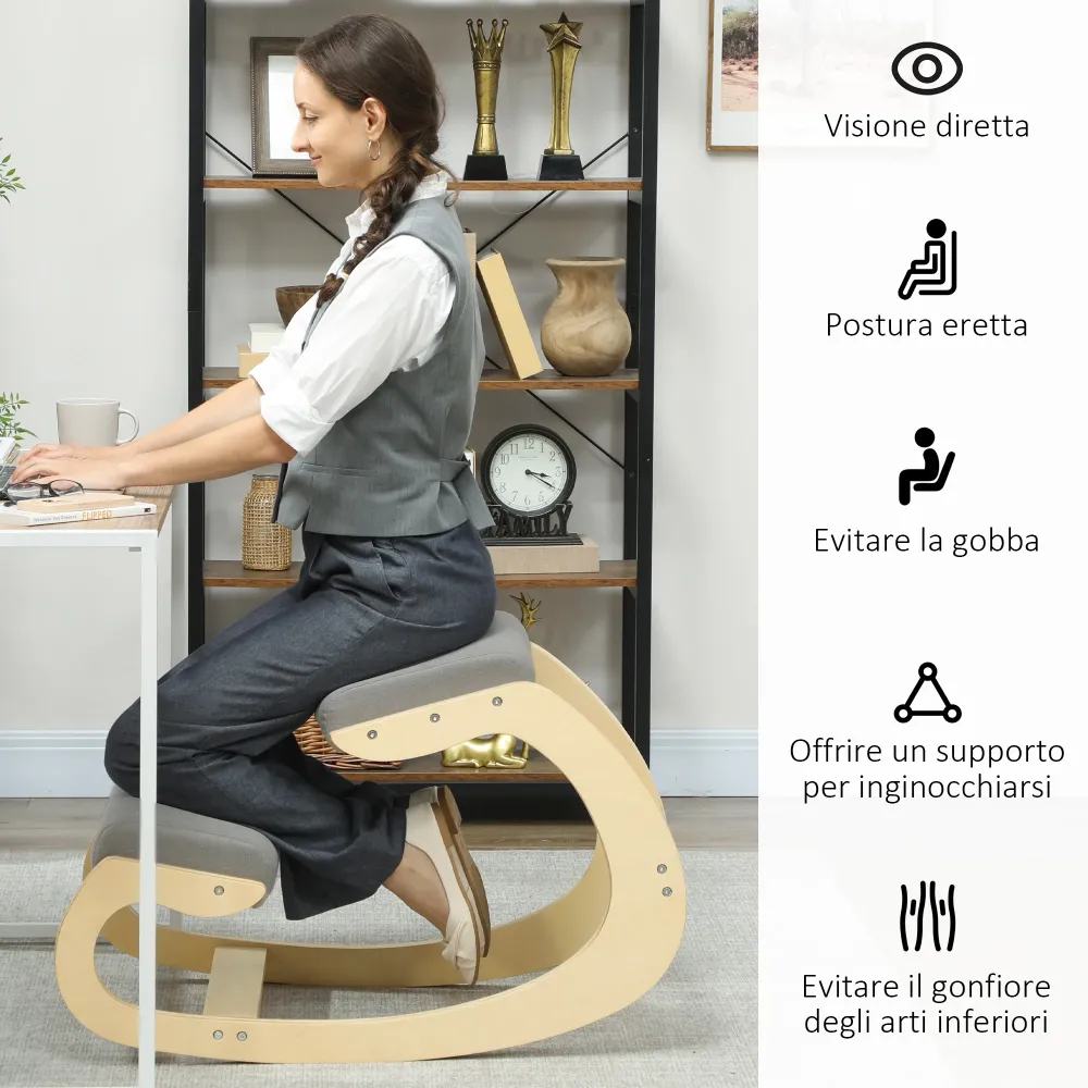 Sedia Ergonomica con Inginocchiatoio 55x85x55 cm Reclinabile Tessuto Effetto Lino e Legno Grigio Chiaro
