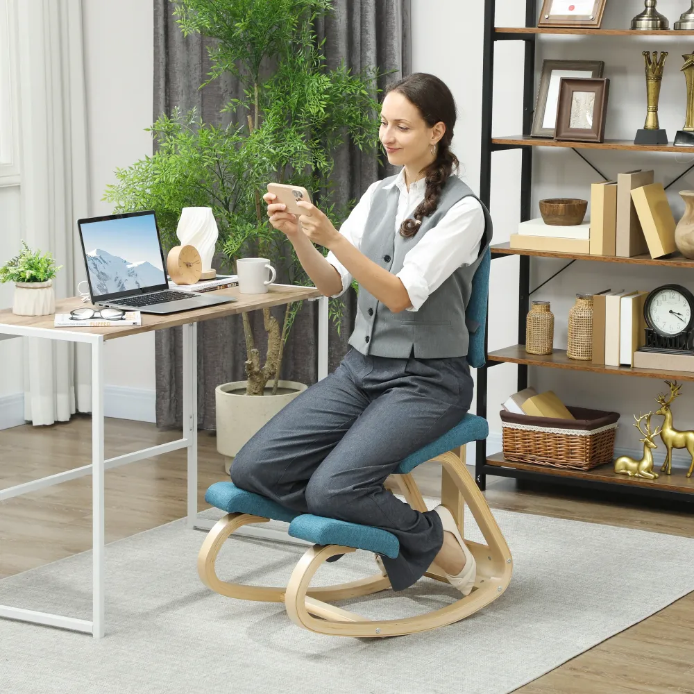 Sedia Ergonomica Inginocchiatoio con Schienale 51x84x93 cm Legno di Betulla e Cuscini Blu