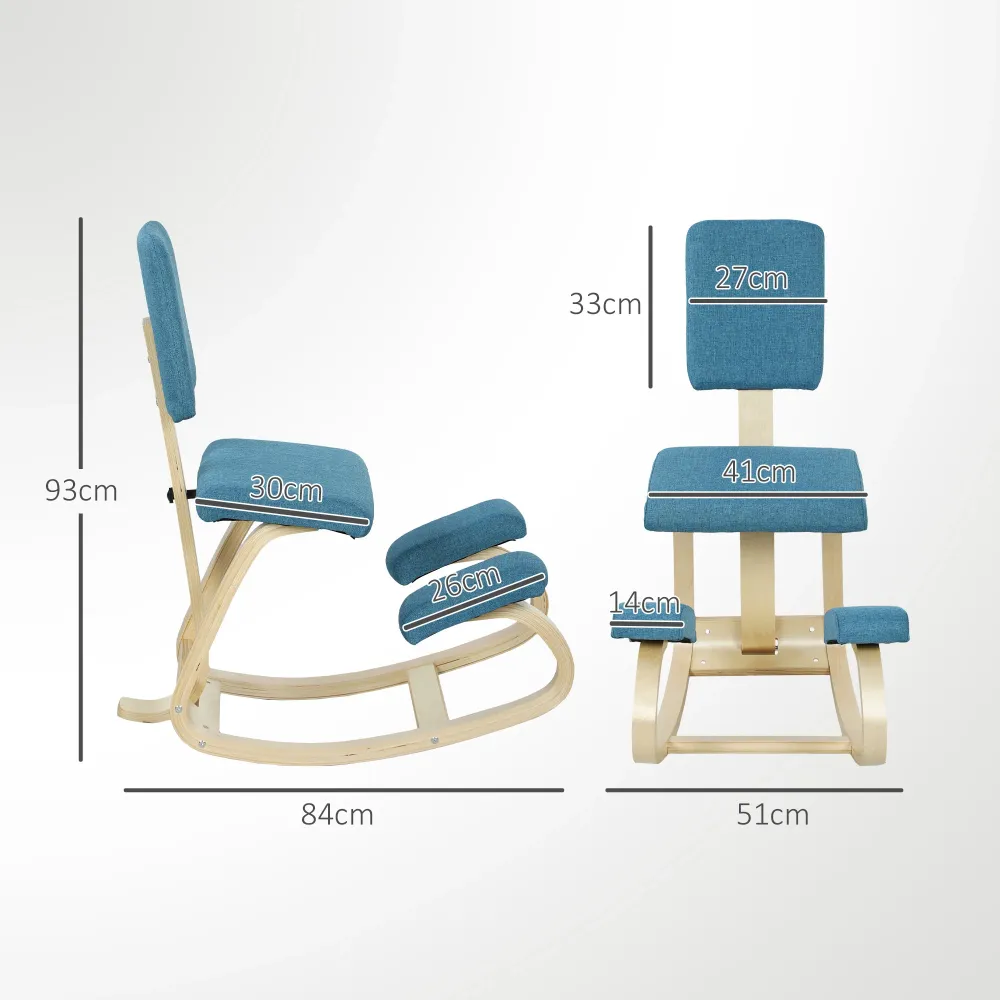 Sedia Ergonomica Inginocchiatoio con Schienale 51x84x93 cm Legno di Betulla e Cuscini Blu