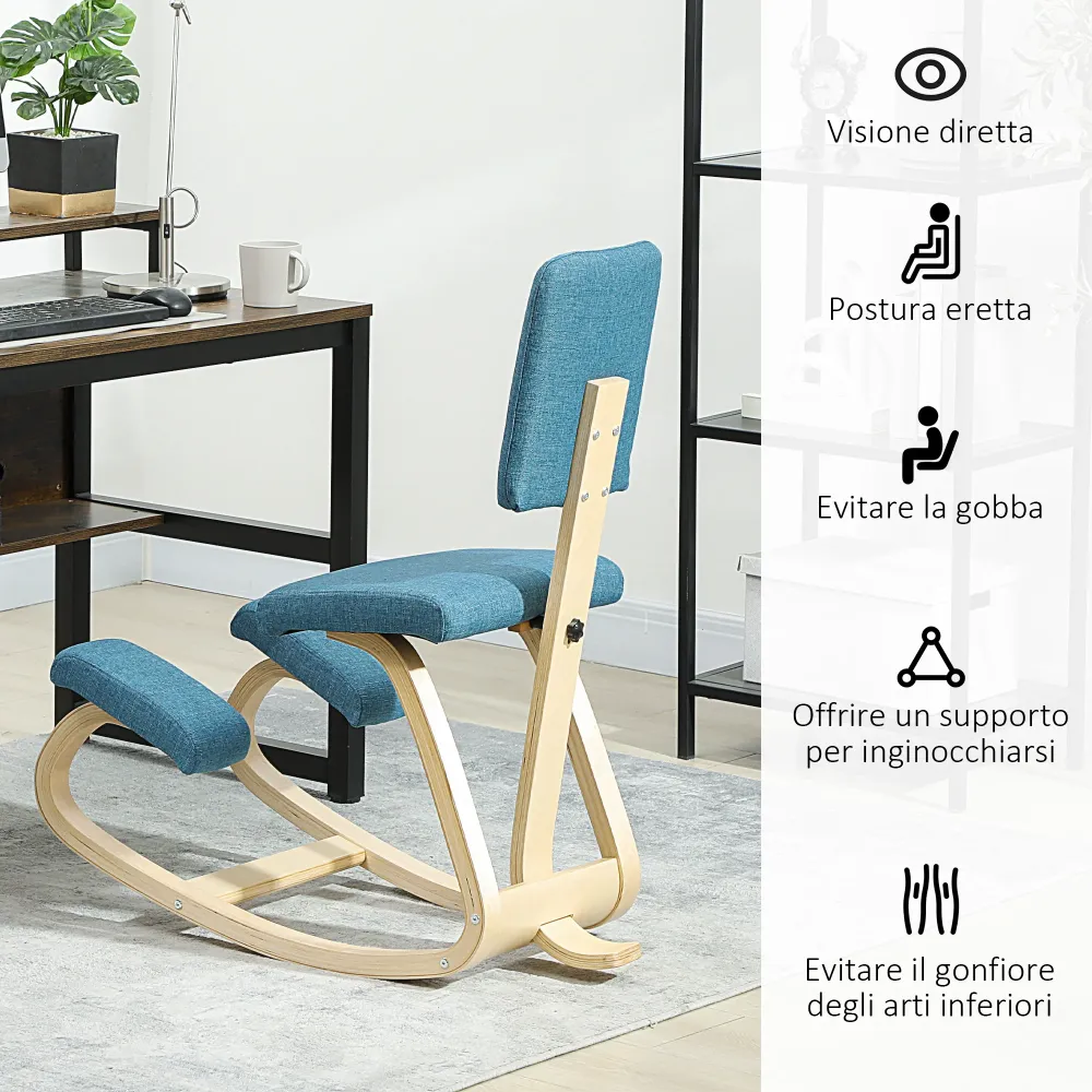 Sedia Ergonomica Inginocchiatoio con Schienale 51x84x93 cm Legno di Betulla e Cuscini Blu