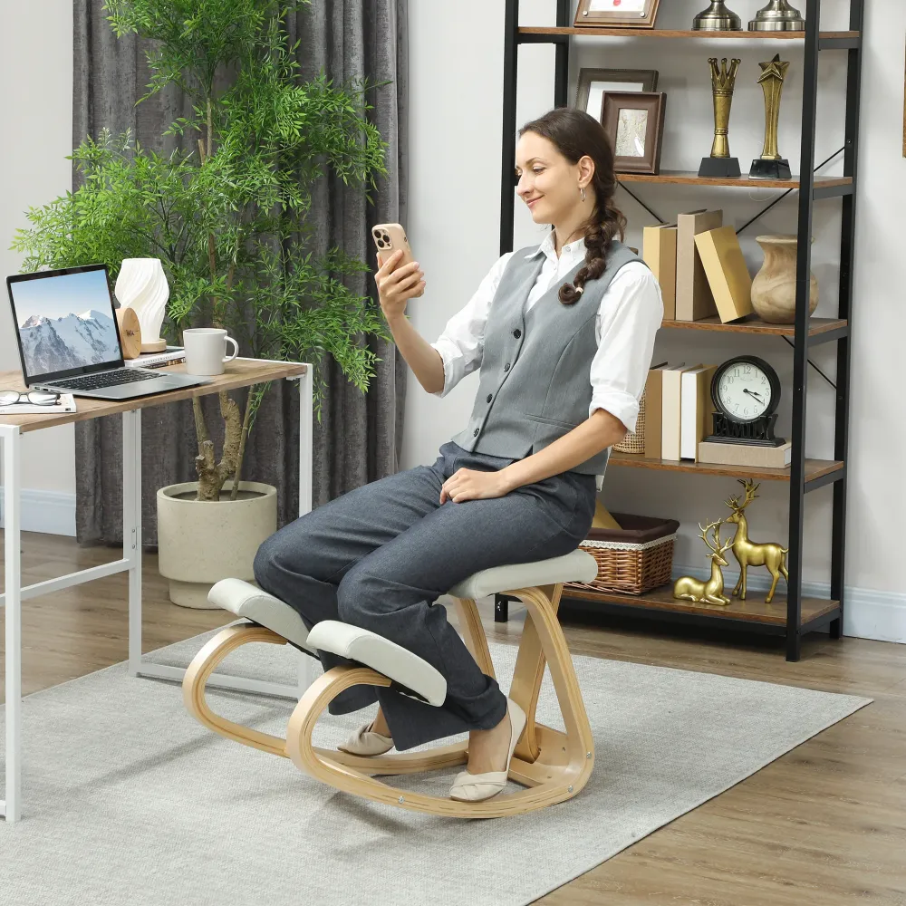 Sedia Ergonomica Inginocchiatoio con Schienale 51x84x93 cm Legno di Betulla e Cuscini Crema