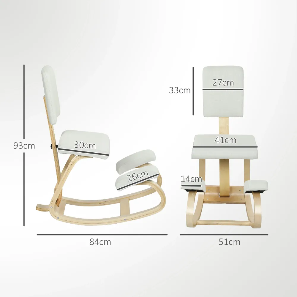 Sedia Ergonomica Inginocchiatoio con Schienale 51x84x93 cm Legno di Betulla e Cuscini Crema