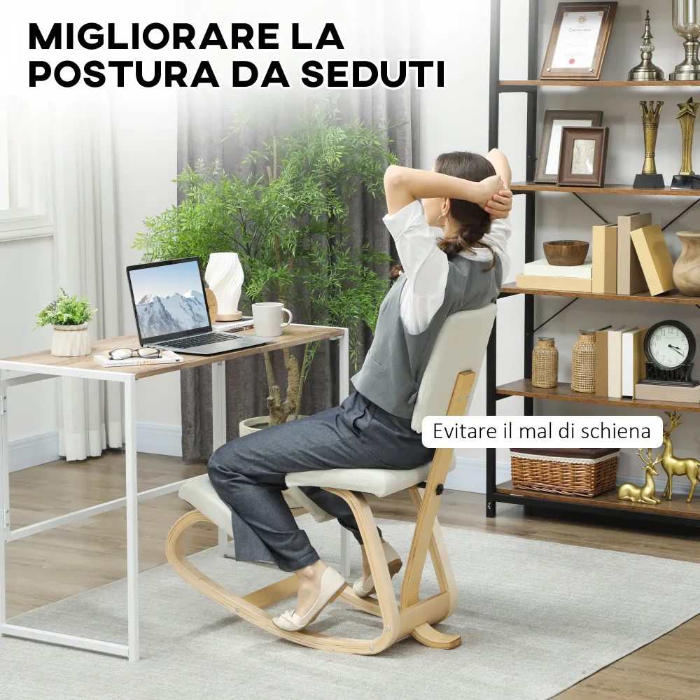 Sedia Ergonomica Inginocchiatoio con Schienale 51x84x93 cm Legno di Betulla e Cuscini Crema