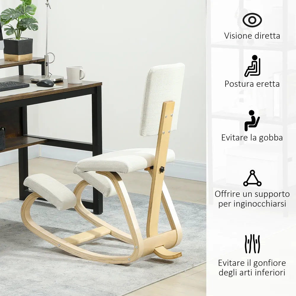 Sedia Ergonomica Inginocchiatoio con Schienale 51x84x93 cm Legno di Betulla e Cuscini Crema