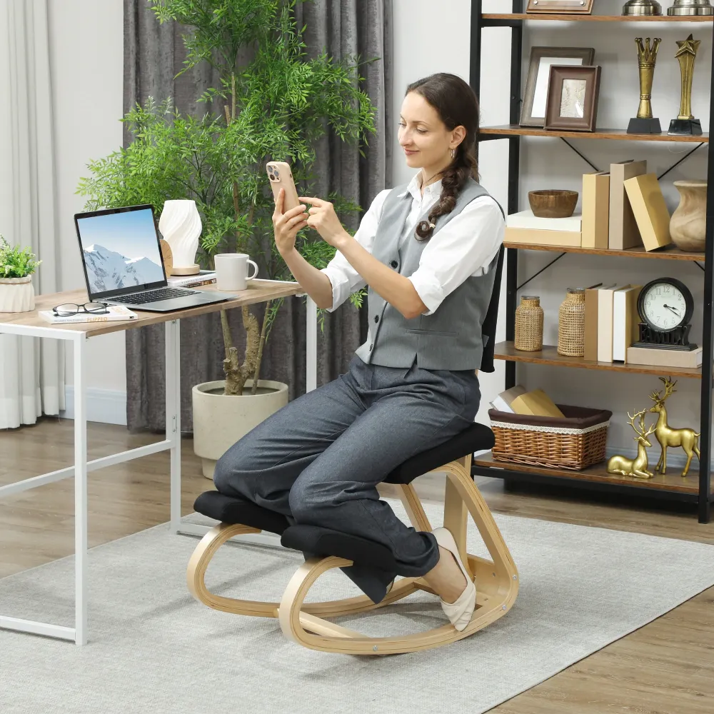 Sedia Ergonomica Inginocchiatoio con Schienale 51x84x93 cm Legno di Betulla e Cuscini Nero