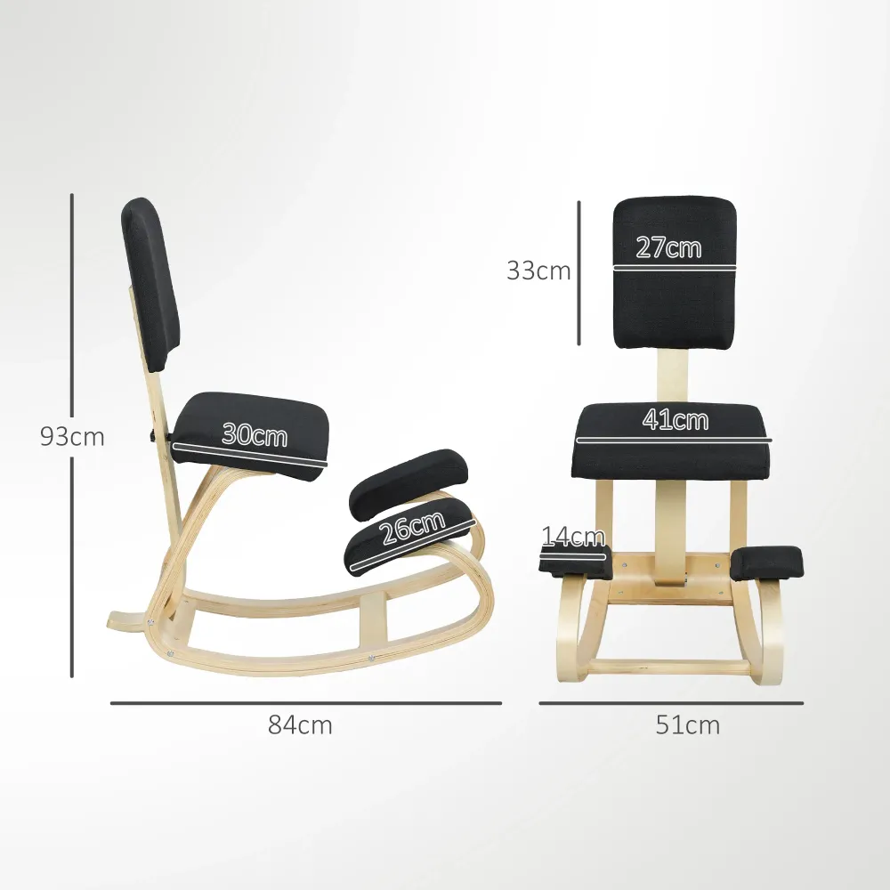 Sedia Ergonomica Inginocchiatoio con Schienale 51x84x93 cm Legno di Betulla e Cuscini Nero