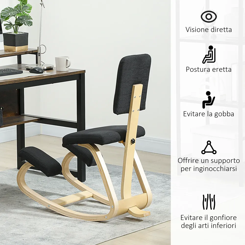 Sedia Ergonomica Inginocchiatoio con Schienale 51x84x93 cm Legno di Betulla e Cuscini Nero