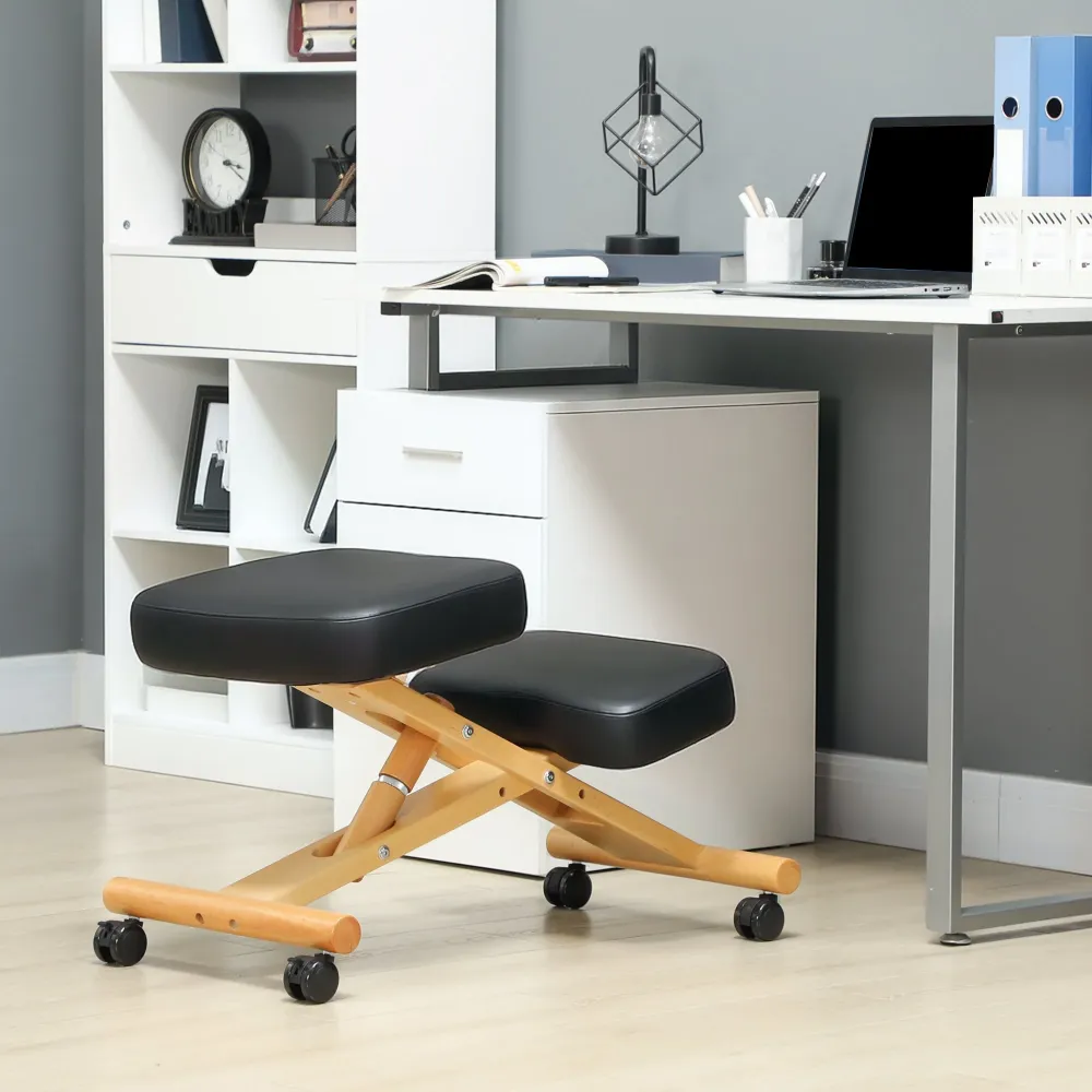 Sedia Ergonomica Posturale con Inginocchiatoio Altezza Regolabile 42x70x42-52 cm Legno Nero