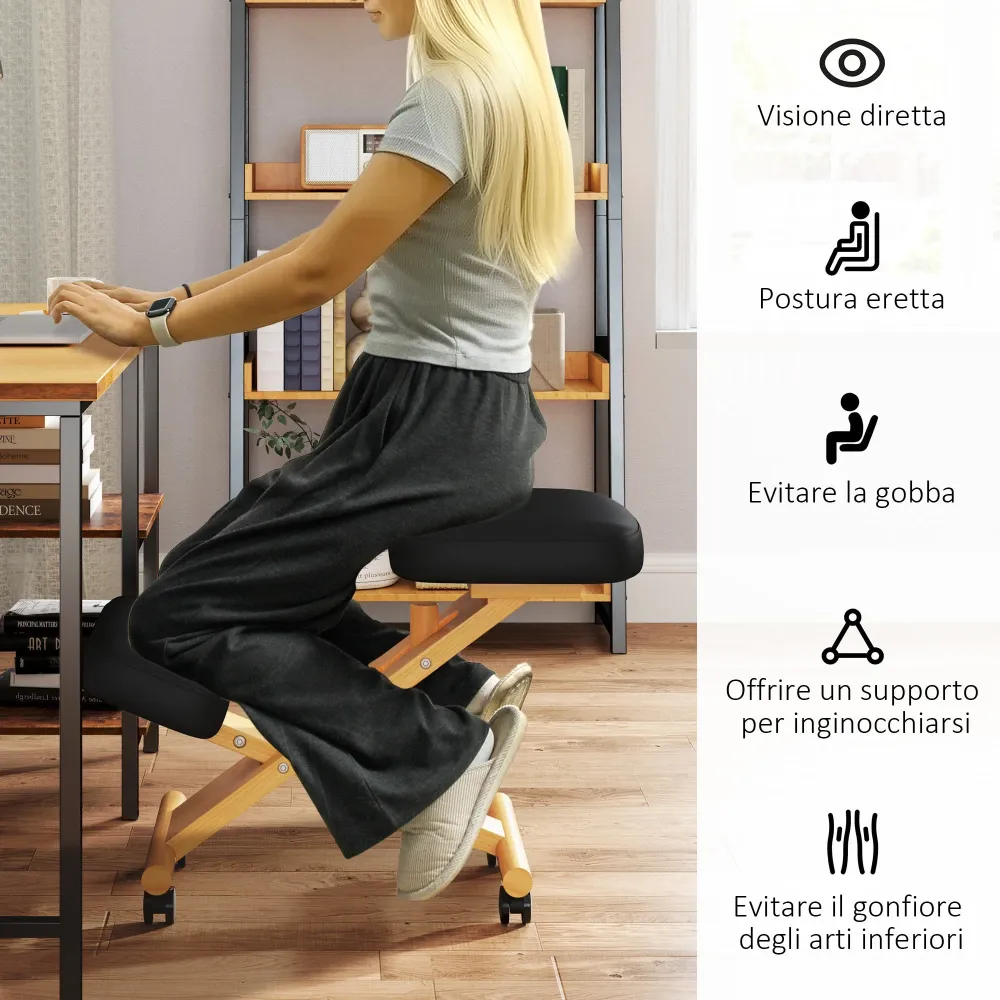 Sedia Ergonomica Posturale con Inginocchiatoio Altezza Regolabile 42x70x42-52 cm Legno Nero