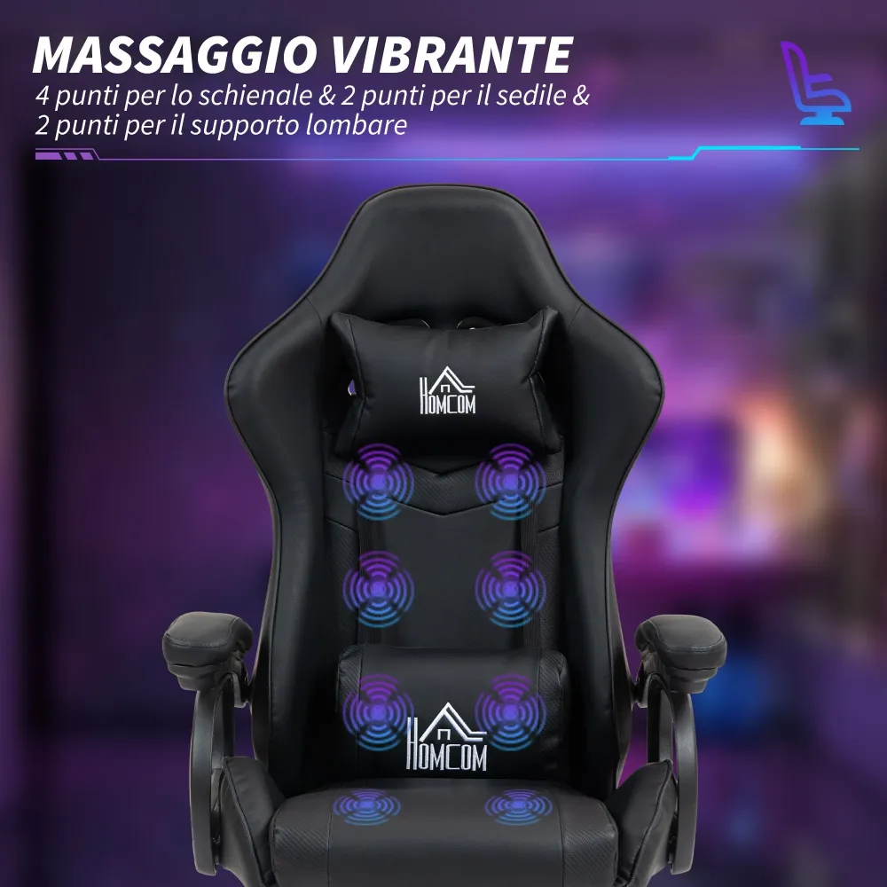 Sedia da Gaming 65x68x120-128 cm Reclinabile 125° Poggiapiedi Retrattile Nero