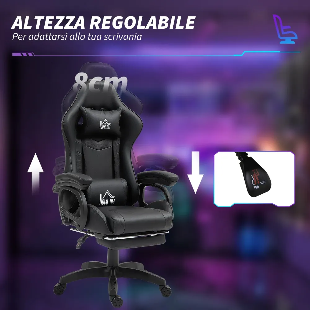 Sedia da Gaming 65x68x120-128 cm Reclinabile 125° Poggiapiedi Retrattile Nero