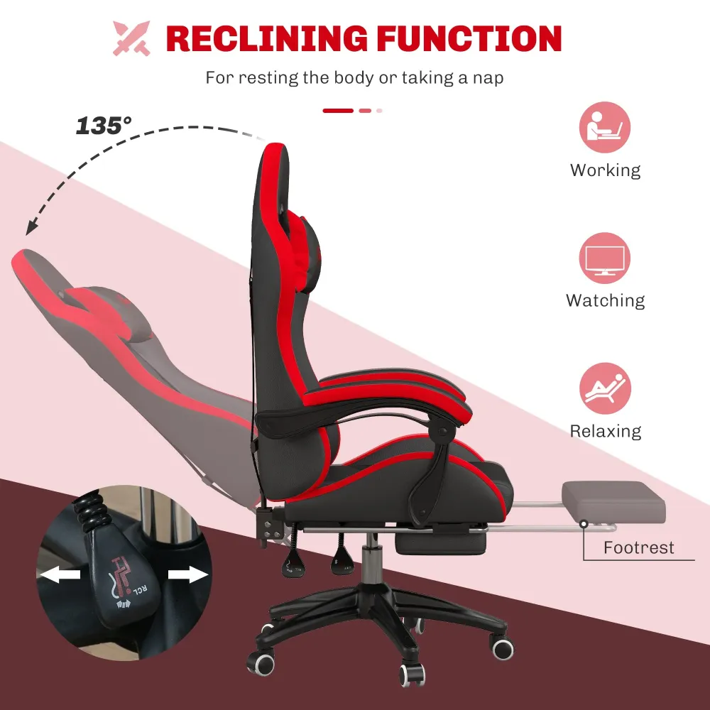 Sedia da Gaming Altezza Regolabile e Schienale Reclinabile 65x65x121-129 cm Nero e Rosso