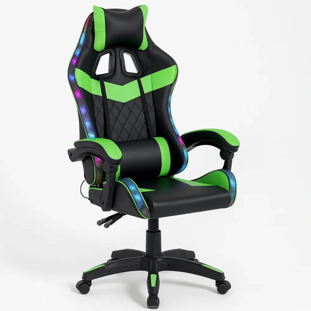 Sedia da Gaming con Led RGB Altezza Regolabile 106-116 cm Pelle PU Verde e Nero