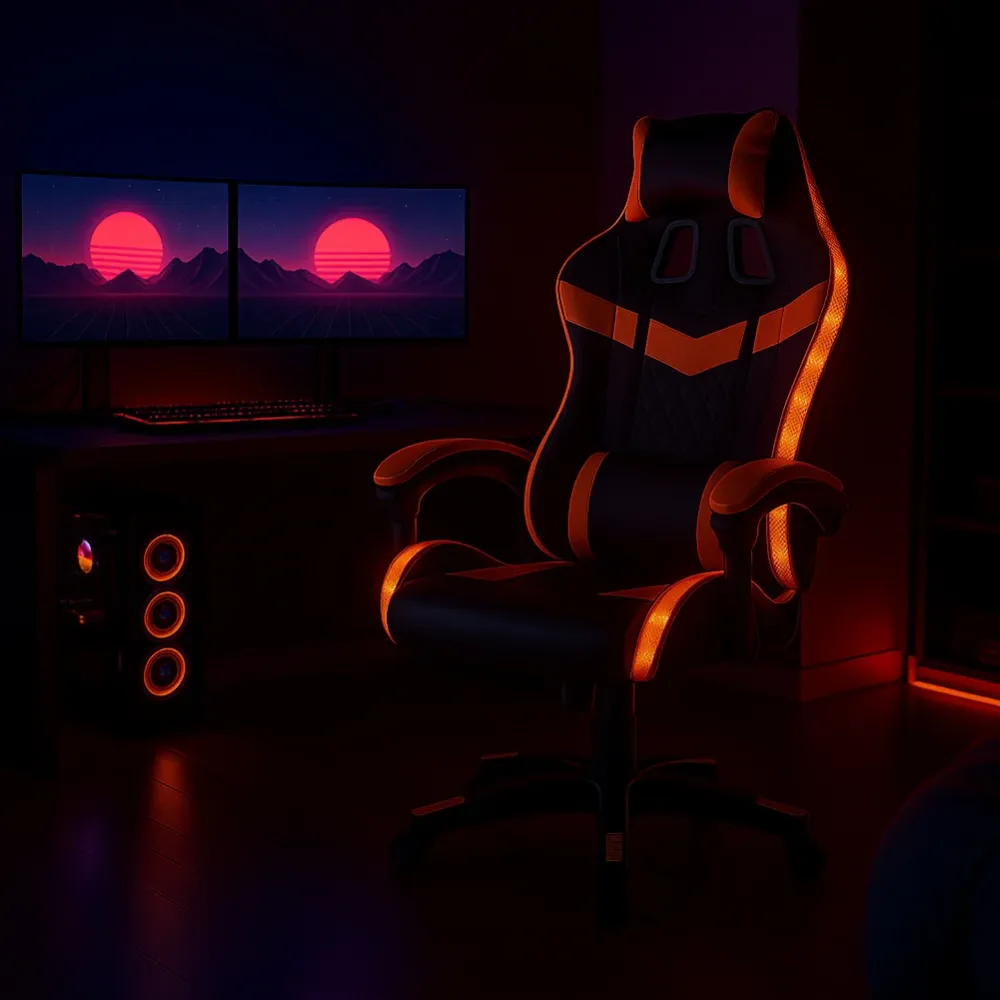 Sedia da Gaming con Led RGB Altezza Regolabile 106-116 cm Pelle PU Arancione e Nero