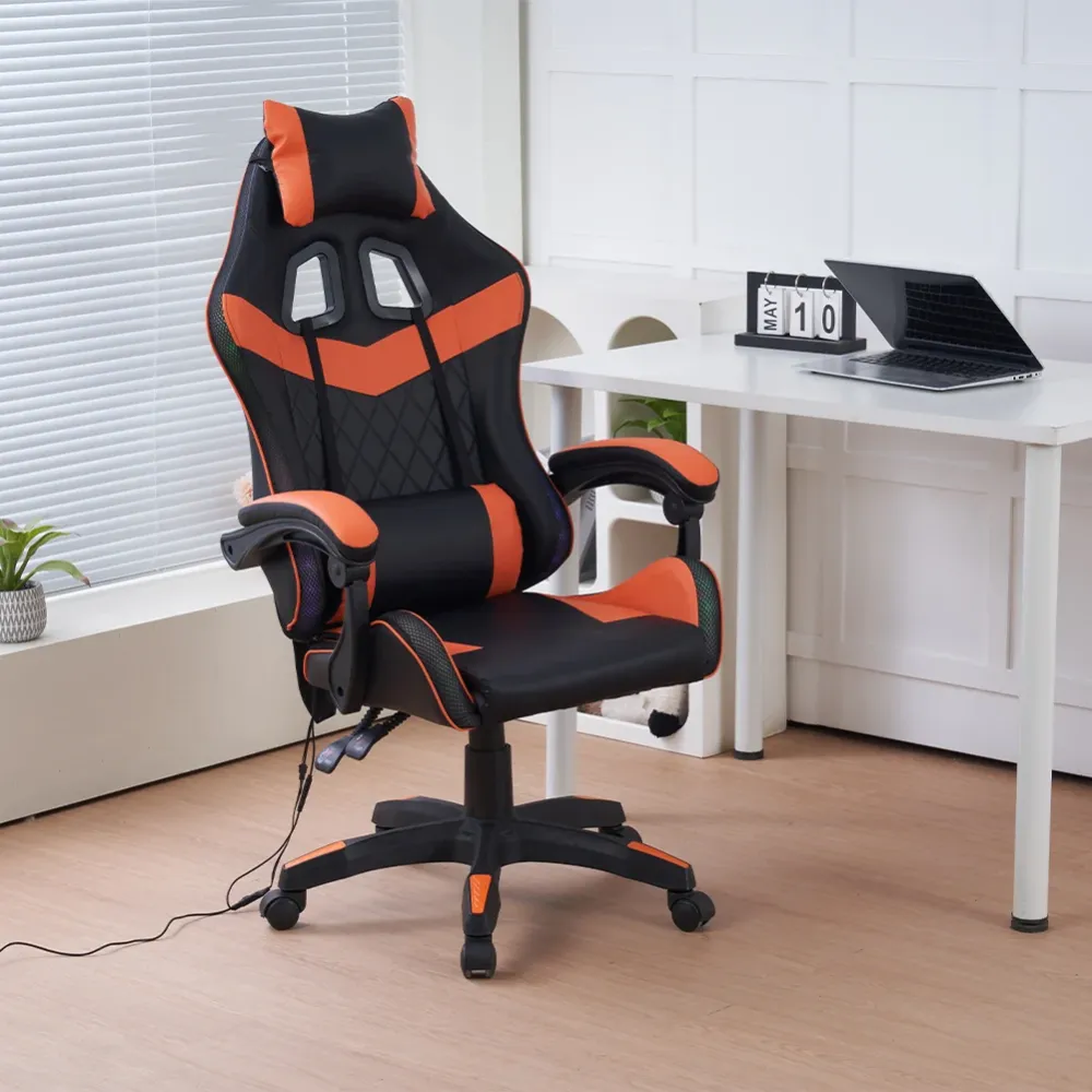 Sedia da Gaming con Led RGB Altezza Regolabile 106-116 cm Pelle PU Arancione e Nero