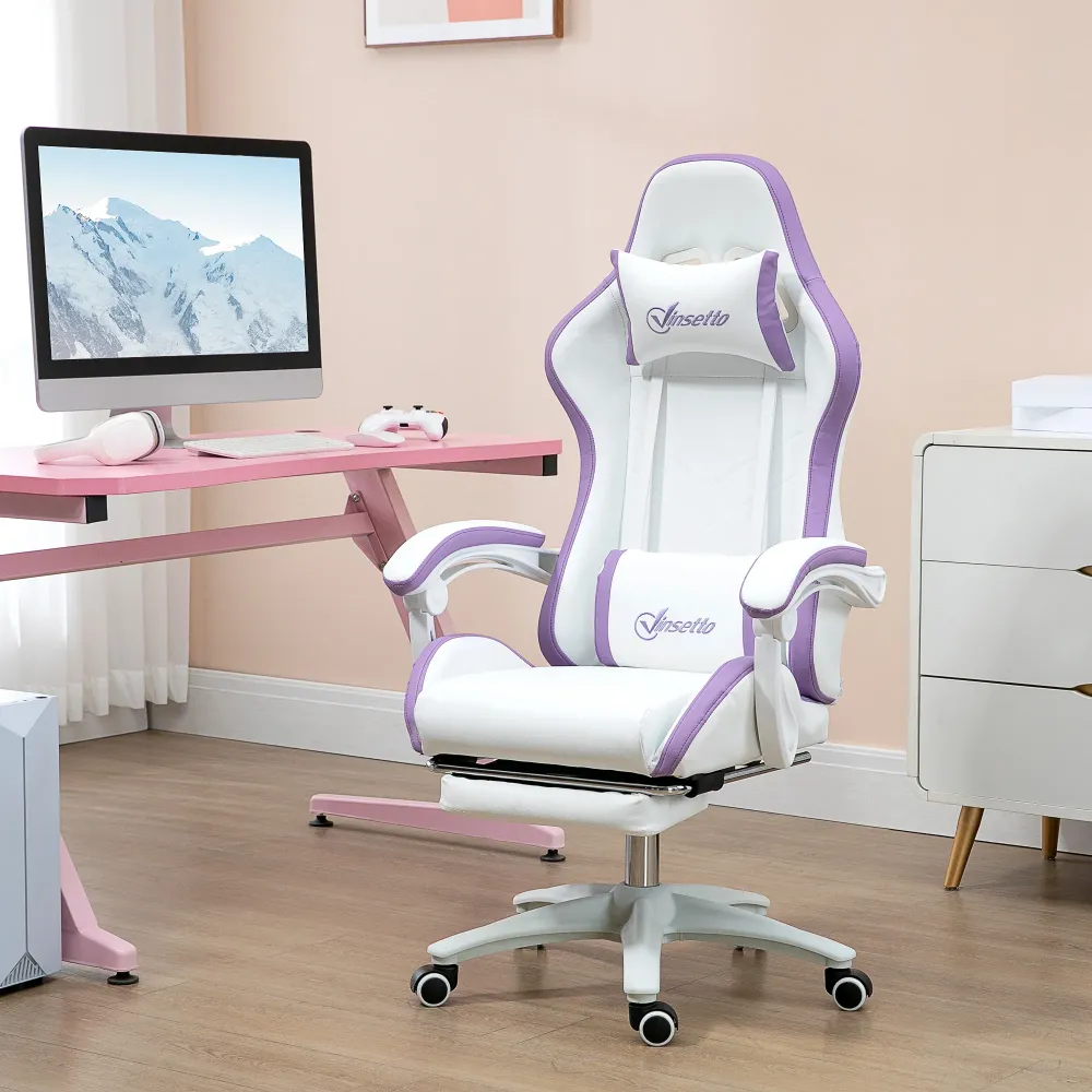 Sedia da Gaming con Schienale Reclinabile 65x65x121-129 cm Finta Pelle PU Bianco e Viola