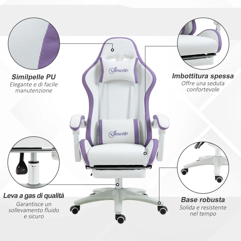 Sedia da Gaming con Schienale Reclinabile 65x65x121-129 cm Finta Pelle PU Bianco e Viola