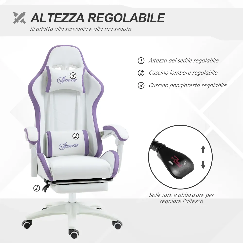 Sedia da Gaming con Schienale Reclinabile 65x65x121-129 cm Finta Pelle PU Bianco e Viola
