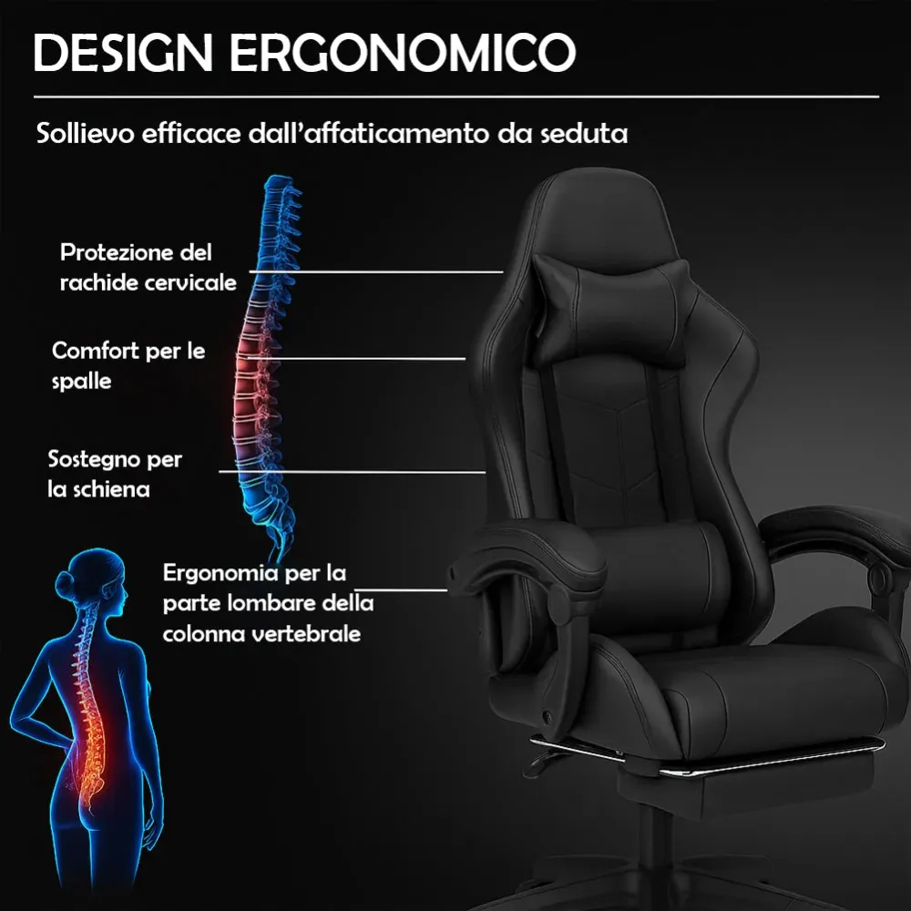 Sedia da Gaming Ecopelle Nero Seduta Reclinabile da Scrivania Ufficio Cameretta