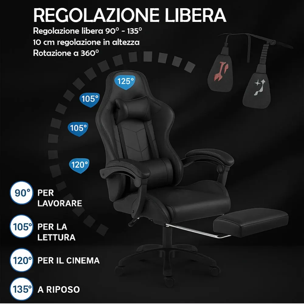 Sedia da Gaming Ecopelle Nero Seduta Reclinabile da Scrivania Ufficio Cameretta