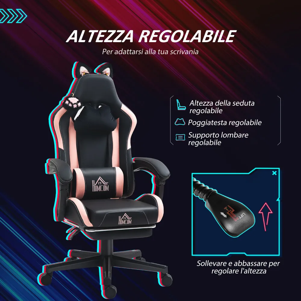Sedia da Gaming Ergonomica con Orecchie da Gatto Poggiapiedi Retrattile e Schienale Reclinabile 135° Rosa e Nero